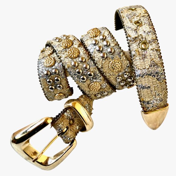 The Icing Viintage Belt Gold Crystal Belt Silver Studs Clear Rhinestones M - L main image 9